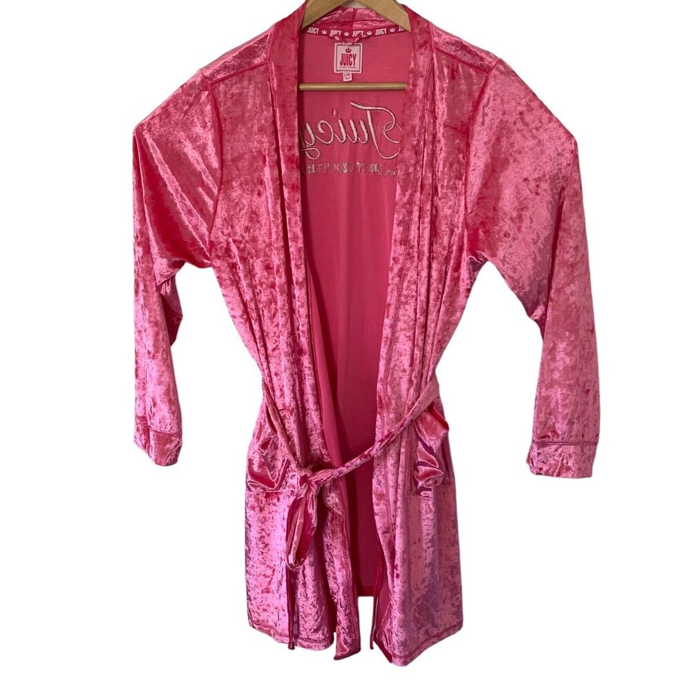 Juicy Couture Robe Womens Dressing Gown Sz L/XL Crushed Velvet Pink Embroidered